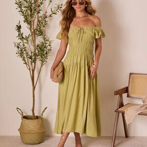 Linen Skies Flutter Sleeve Midi Dress Color: Lime Size: S QTY: 1